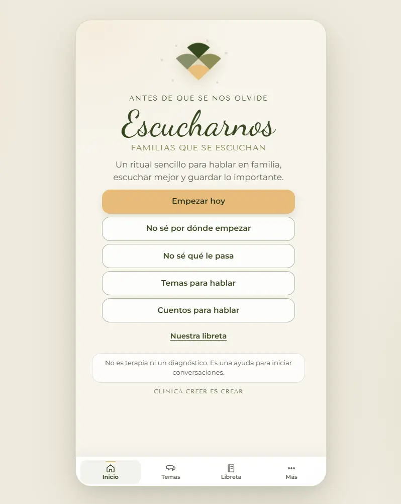 Pantalla de la app Escucharnos, de acompañamiento emocional