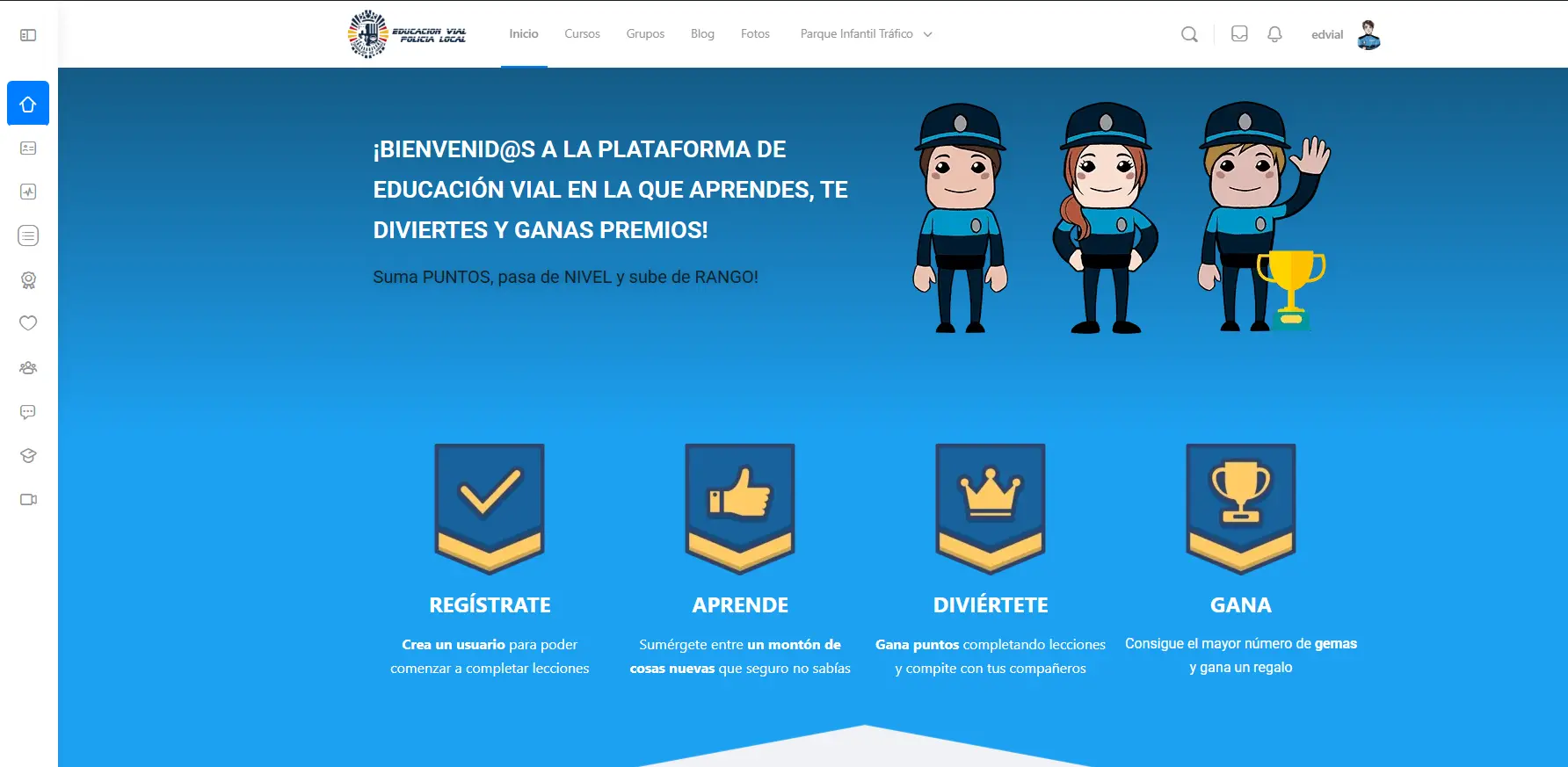 Plataforma online de educación vial con cursos, insignias y accesos separados por colegio