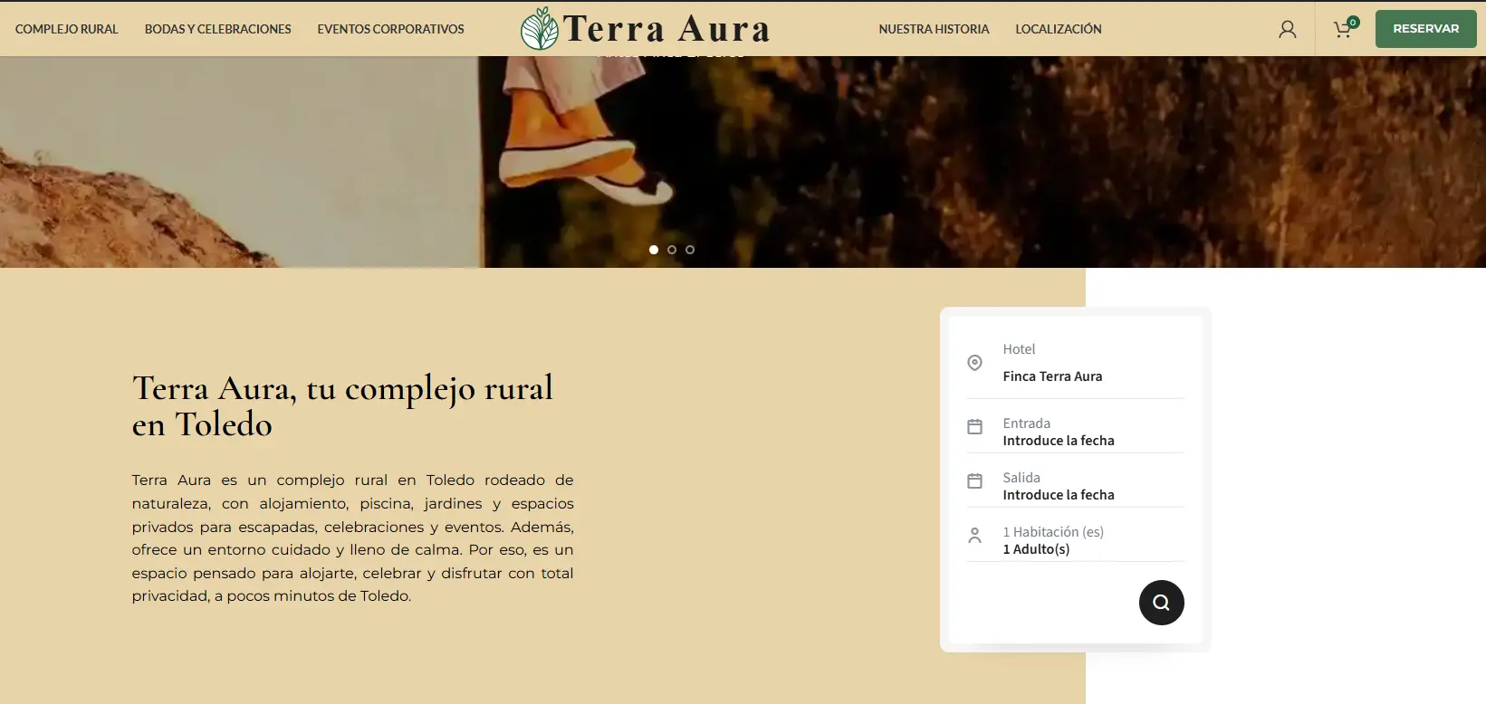 Web de Terra Aura, complejo rural con alojamientos, bodas y eventos, tras el rebranding desde Finca El Cerco