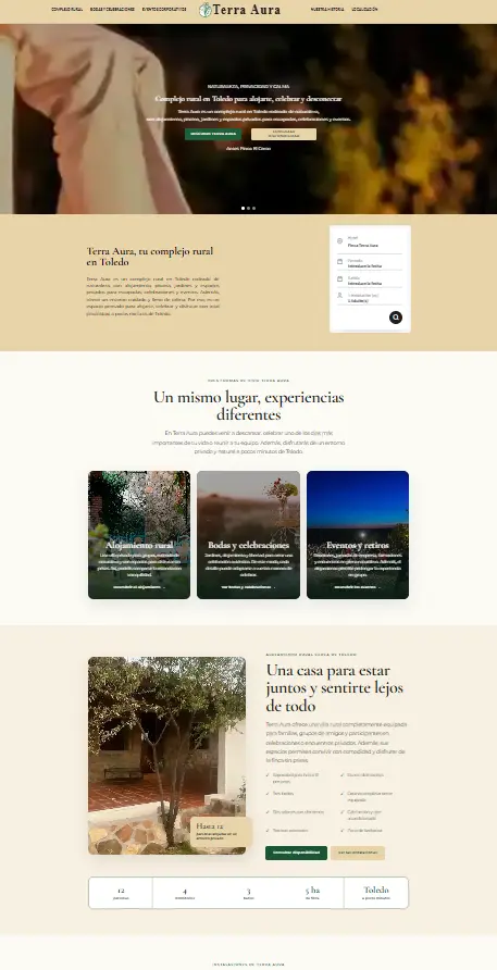 Vista completa de la web de Terra Aura con las secciones de alojamiento y eventos