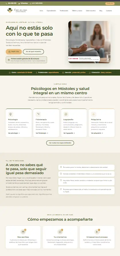 Vista completa de la web de Clínica Creer es Crear con la estructura de servicios