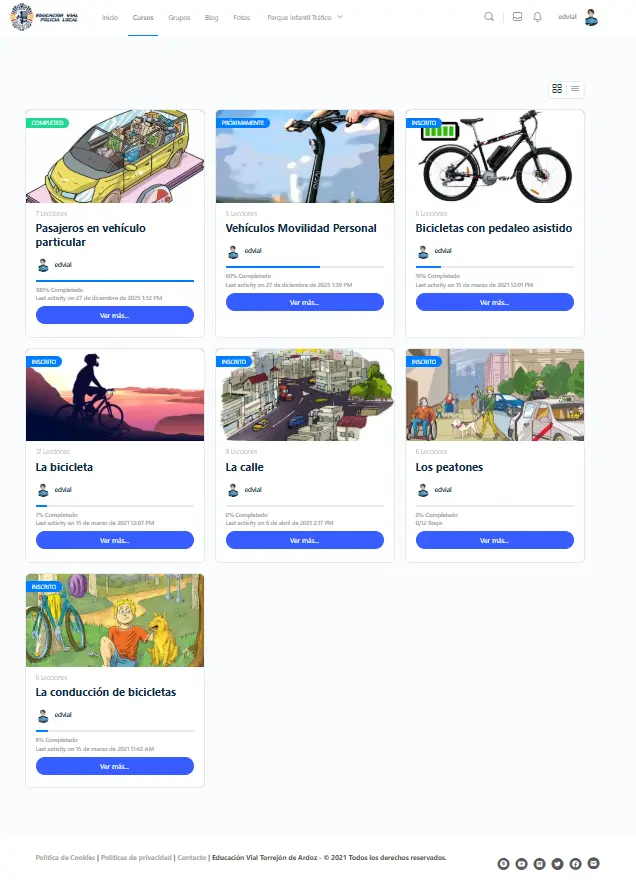 Listado de cursos de la plataforma de educación vial por nivel educativo